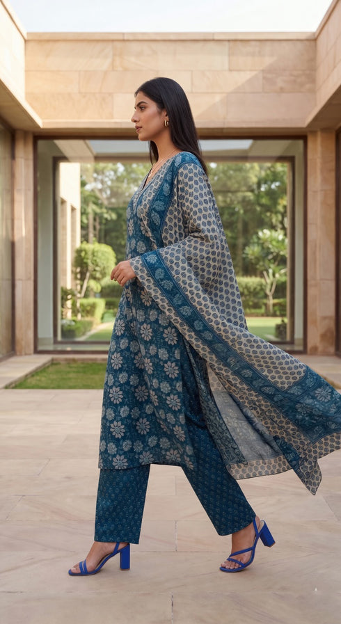 Teal Blue Cotton Jaipuri Printed Kurta & Pant With Dupatta