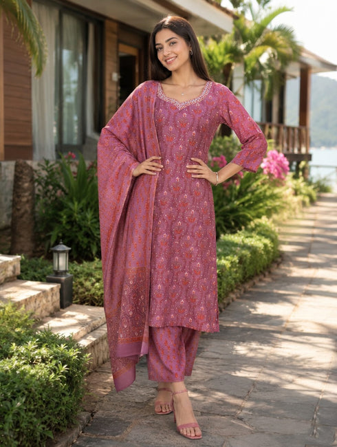 Dusty Pink Cotton Jaipuri Printed Kurta & Pant With Dupatta
