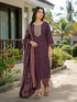 Wine Cotton Jaipuri Printed Kurta & Pant With Dupatta