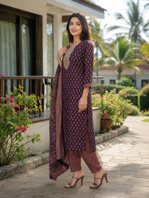Wine Cotton Jaipuri Printed Kurta & Pant With Dupatta