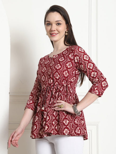 Maroon & Beige Rayon Foil Printed Short Top