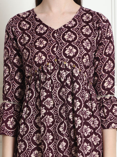 Wine & Beige Rayon Foil Printed Short Top