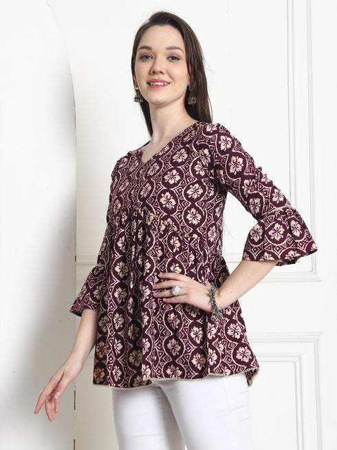 Wine & Beige Rayon Foil Printed Short Top