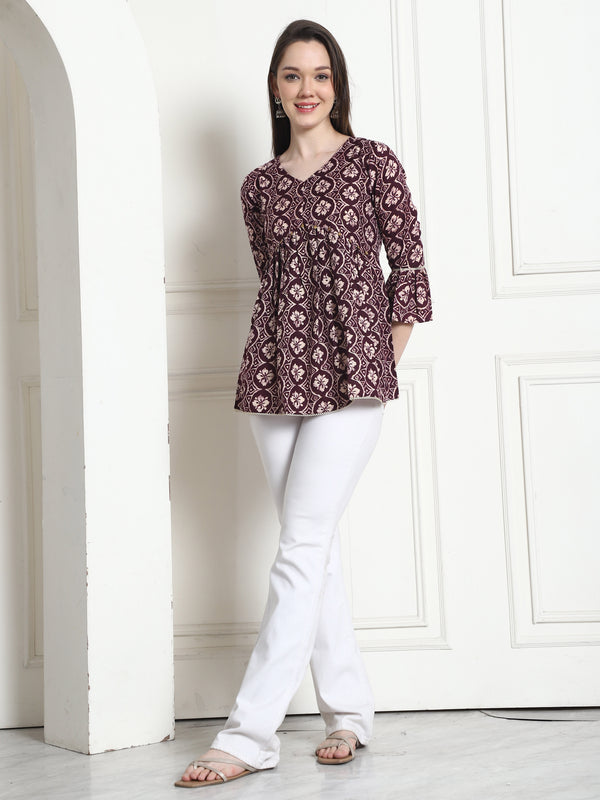 Wine & Beige Rayon Foil Printed Short Top