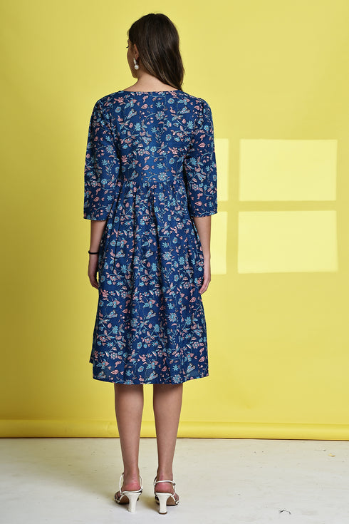 Blue Garden Delight Pure Cotton Jaipuri Printed Western Dress