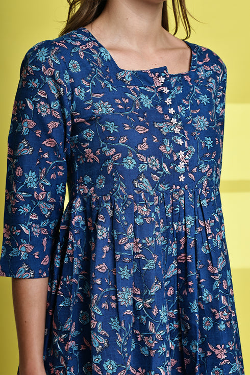 Blue Garden Delight Pure Cotton Jaipuri Printed Western Dress