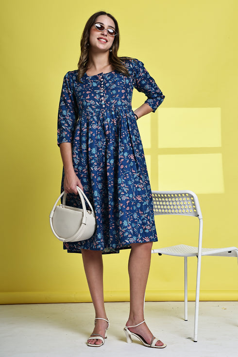 Blue Garden Delight Pure Cotton Jaipuri Printed Western Dress