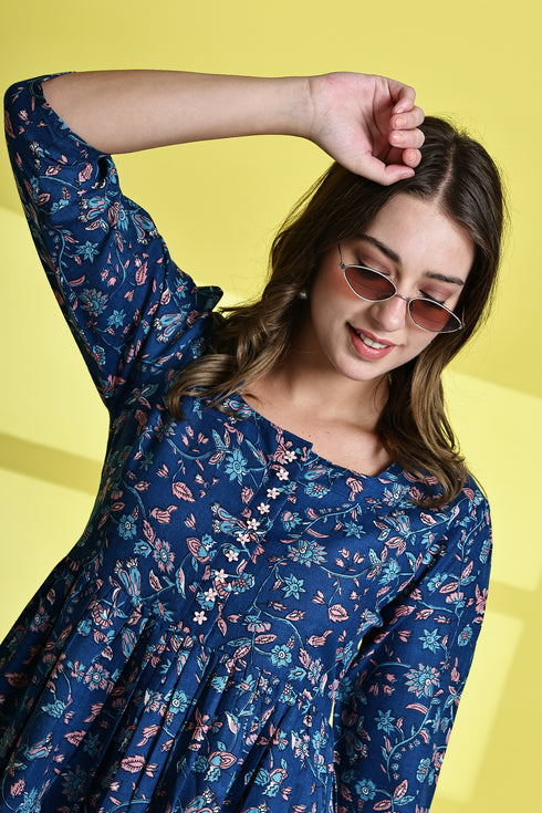 Blue Garden Delight Pure Cotton Jaipuri Printed Western Dress