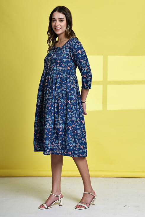 Blue Garden Delight Pure Cotton Jaipuri Printed Western Dress