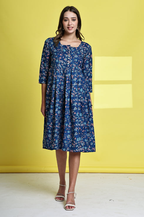 Blue Garden Delight Pure Cotton Jaipuri Printed Western Dress