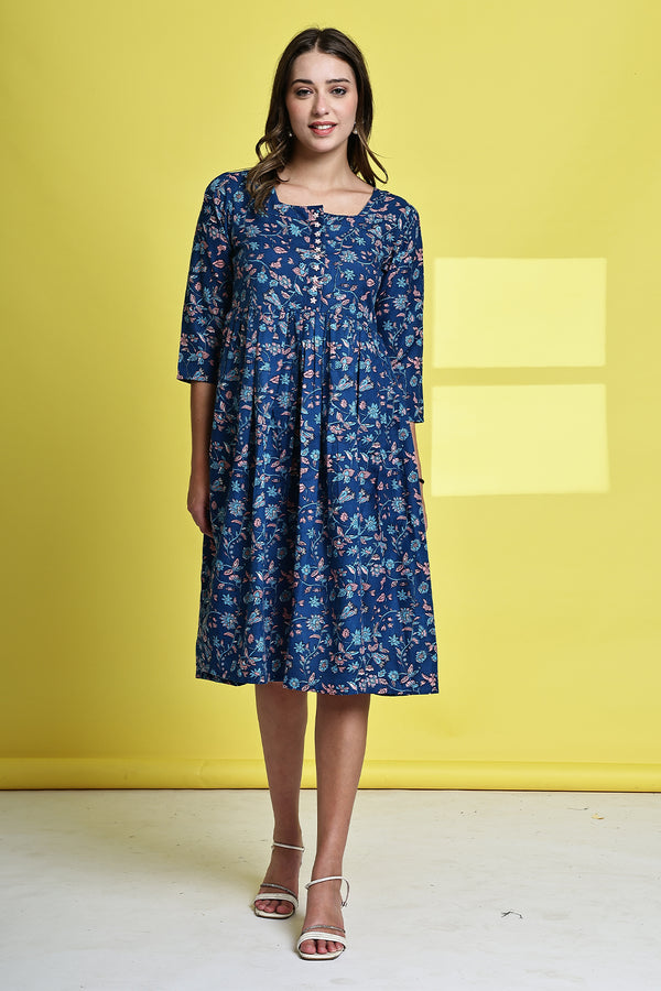 Blue Garden Delight Pure Cotton Jaipuri Printed Western Dress