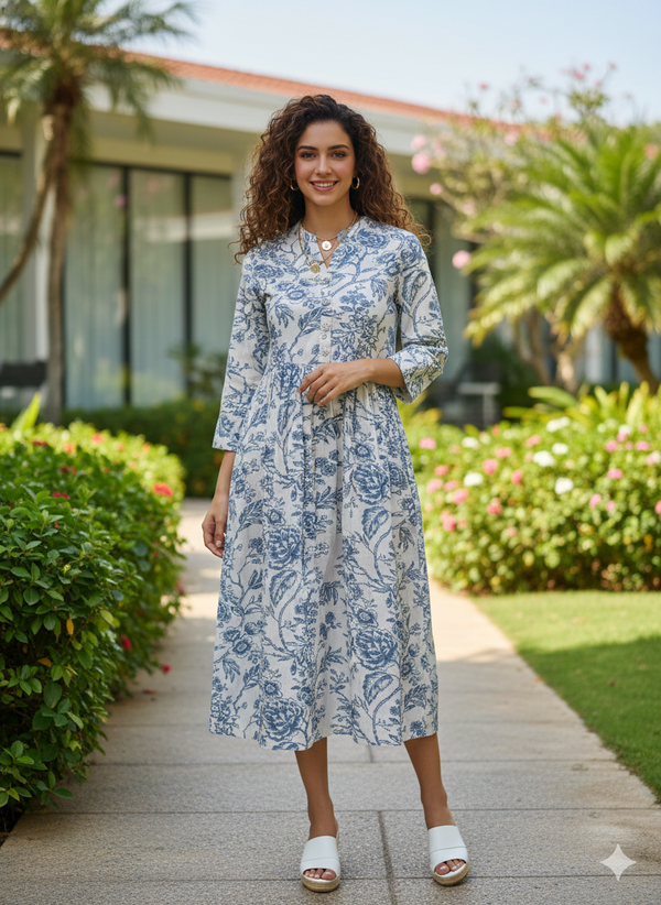 Serene Petal Pure Cotton Jaipuri Printed Western Dress