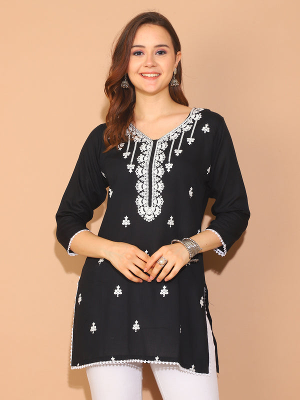 Black Rayon Floral Embroidered Tunic