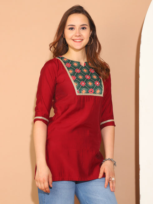 Red Poly Silk Printed Tunic