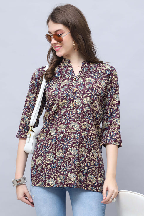 Wine & Beige Cotton Blend Floral Printed Tunic
