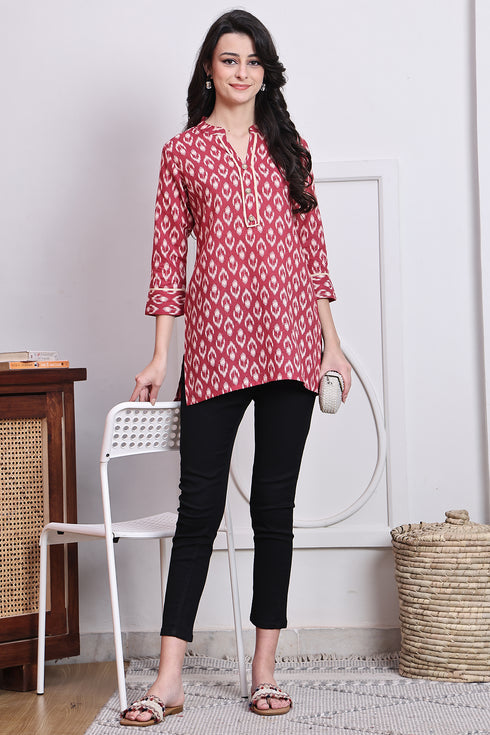 Maroon Women's Cotton Block Printed Tunic