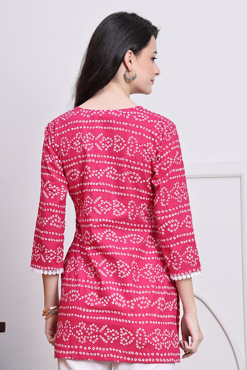 Pink Women's Cotton Bandhani Printed Tunic