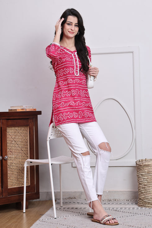 Pink Women's Cotton Bandhani Printed Tunic