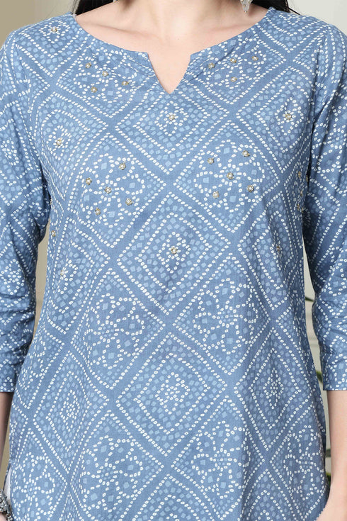 Grey And White Pure Cambric Cotton Printed Kurta Set With Dupatta