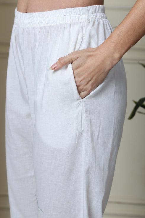 Grey And White Pure Cambric Cotton Printed Kurta Set With Dupatta