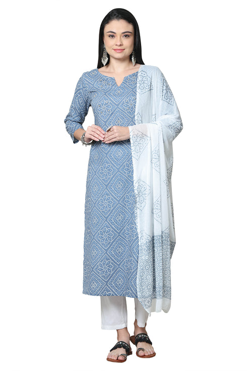 Grey And White Pure Cambric Cotton Printed Kurta Set With Dupatta