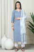 Grey And White Pure Cambric Cotton Printed Kurta Set With Dupatta