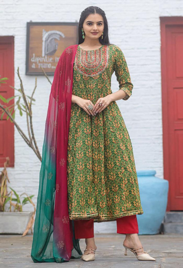 Green & Red Pure Cambric Cotton Embroidered Kurta Set With Dupatta - Rajnandini