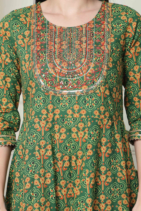 Green & Red Pure Cambric Cotton Embroidered Kurta Set With Dupatta