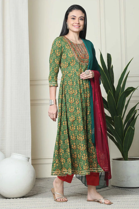 Green & Red Pure Cambric Cotton Embroidered Kurta Set With Dupatta