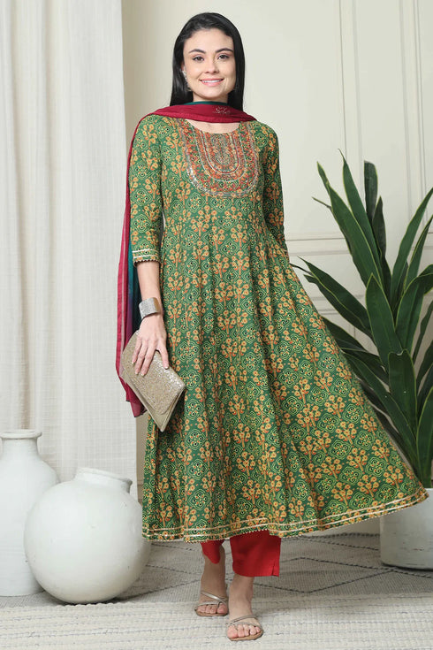 Green & Red Pure Cambric Cotton Embroidered Kurta Set With Dupatta