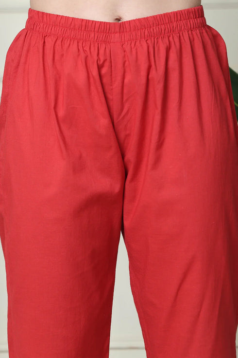 Green & Red Pure Cambric Cotton Embroidered Kurta Set With Dupatta