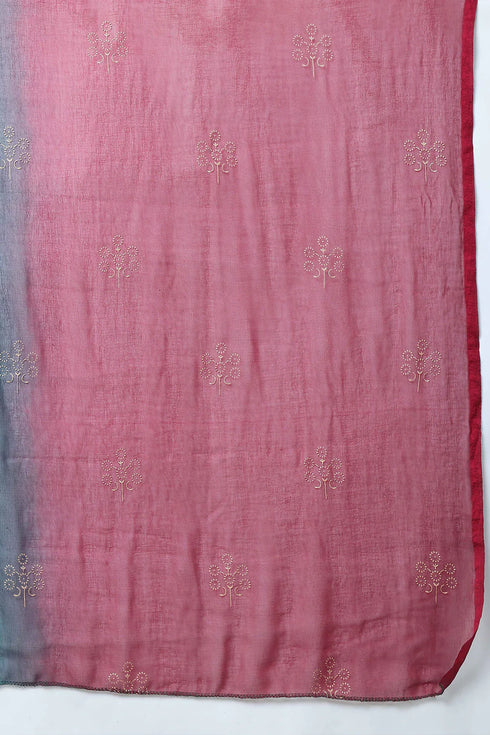 Green & Red Pure Cambric Cotton Embroidered Kurta Set With Dupatta