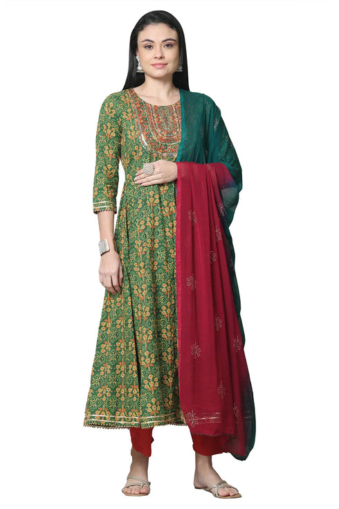 Green & Red Pure Cambric Cotton Embroidered Kurta Set With Dupatta