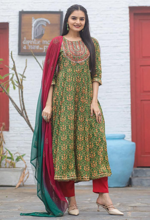 Green & Red Pure Cambric Cotton Embroidered Kurta Set With Dupatta - Rajnandini