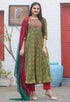 Green & Red Pure Cambric Cotton Embroidered Kurta Set With Dupatta - Rajnandini
