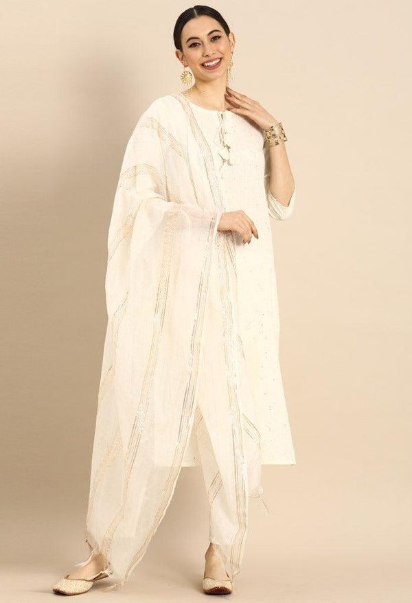 Off-White Pure Cambric Cotton Floral Embroidered Kurta Set With Dupatta