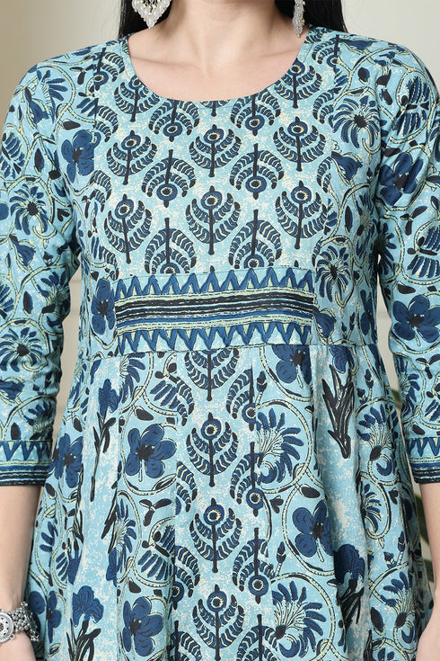 Blue Pure Cambric Cotton Printed Kurta Set With Dupatta