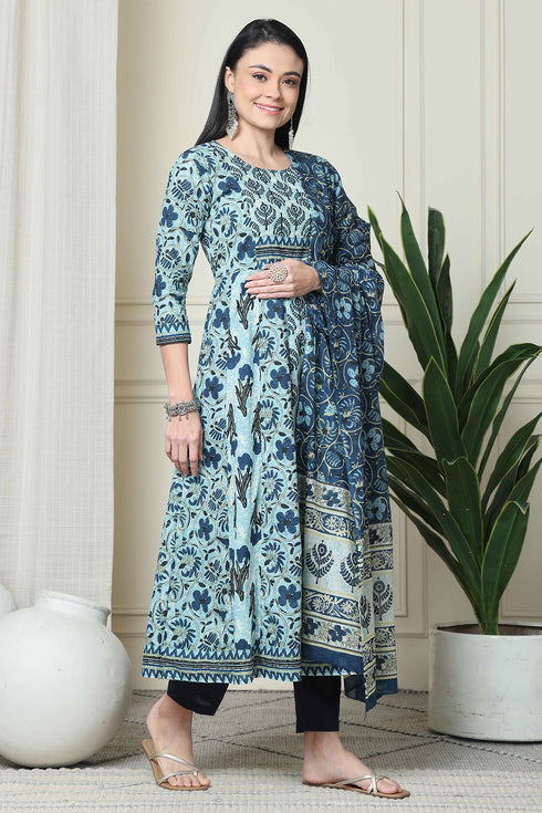 Blue Pure Cambric Cotton Printed Kurta Set With Dupatta