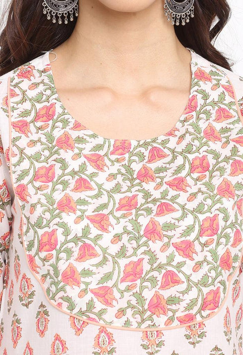 White And Pink Pure Cambric Cotton Floral Printed Kurta Set With Dupatta