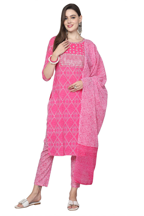 Pink And White Pure Cambric Cotton Embroidered Kurta Set With Dupatta