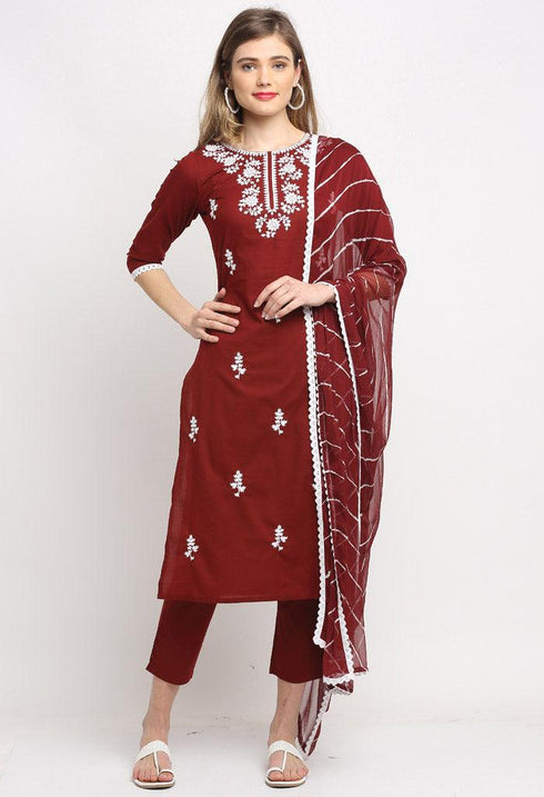 Wine Pure Cambric Cotton Floral Embroidered Kurta Set With Dupatta