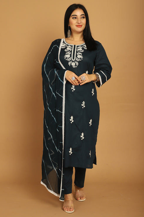 Navy Blue Pure Cambric Cotton Embroidered Plus Size Kurta & Pant With Dupatta