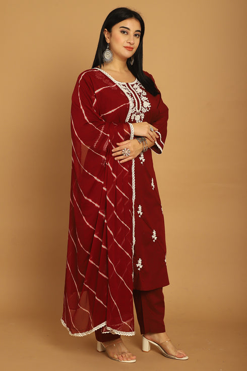 Wine Pure Cambric Cotton Embroidered Plus Size Kurta & Pant With Dupatta