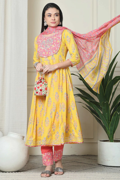 Yellow And Pink Pure Cambric Cotton Floral Embroidered Kurta Set With Dupatta
