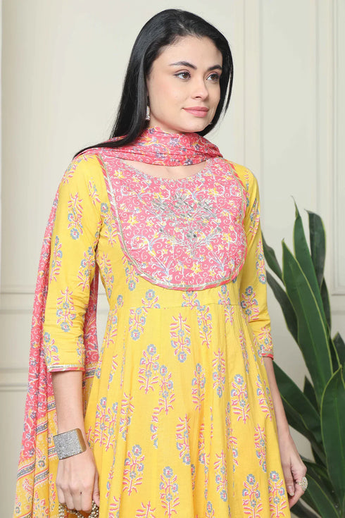 Yellow And Pink Pure Cambric Cotton Floral Embroidered Kurta Set With Dupatta