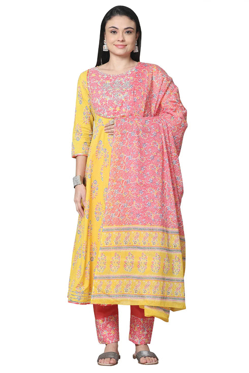 Yellow And Pink Pure Cambric Cotton Floral Embroidered Kurta Set With Dupatta