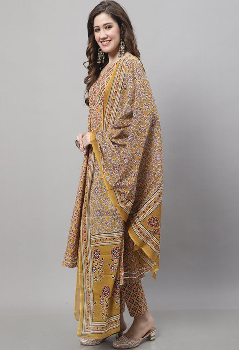 Pure Cotton Jaipuri Printed & Hand Work Kurta Set With Dupatta