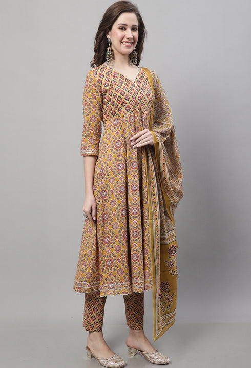 Pure Cotton Jaipuri Printed & Hand Work Kurta Set With Dupatta