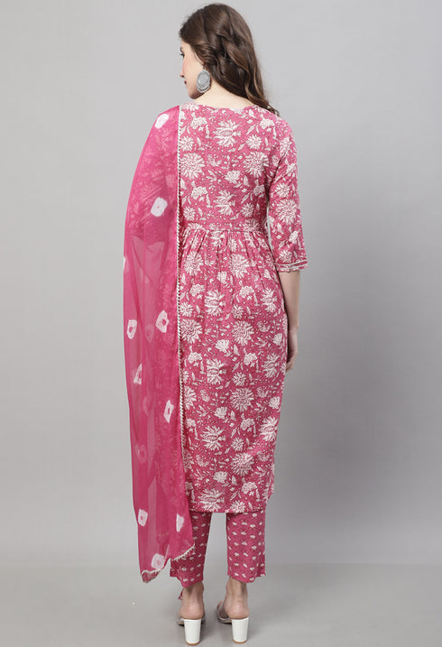 Pure Cotton Jaipuri Printed & Embroidered Kurta Set With Dupatta