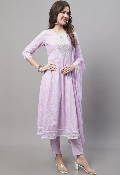 Pure Cambric Cotton Jaipuri Printed & Embroidered Kurta Set With Dupatta
